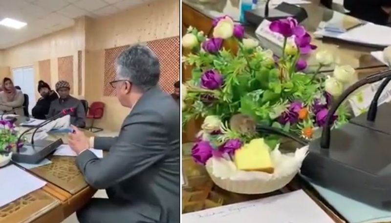 rat eating cake while a serious meeting going in a conference room