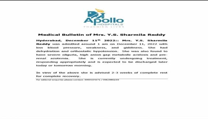 Apollo Hospital Releases  YSRTP Chief YS Sharmila  health bulletin