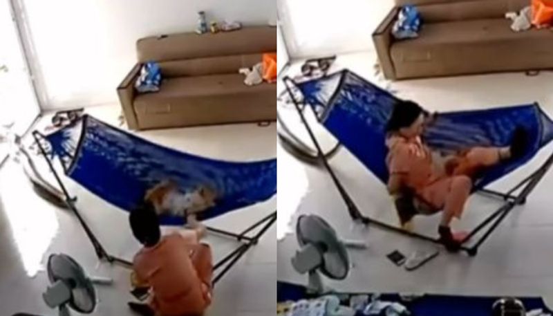 video shows snake slithering close to mother and baby lying in a hammock