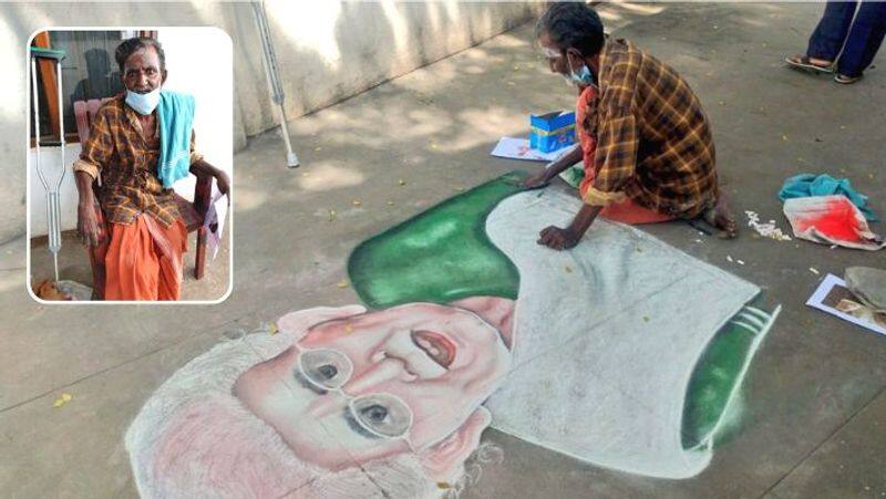 A handicapped person paints PM Modi mother Heeraben Modi drawing