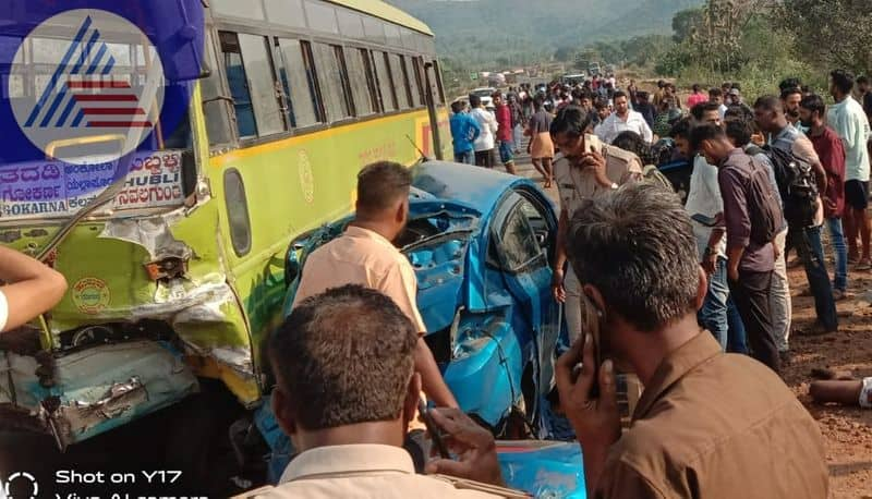 Car collides with KSRTC bus Three people from Tamil Nadu in the car die sat