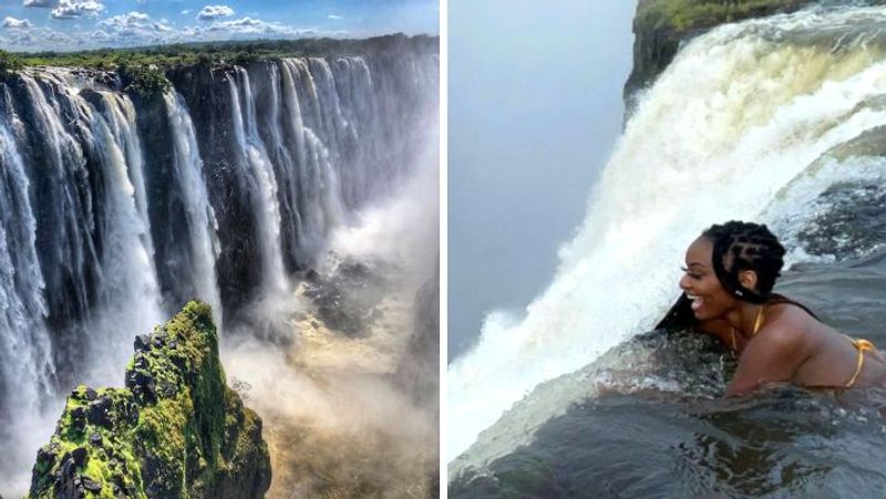 Woman Leans 360 feet tall Victoria Falls in breathtaking viral video