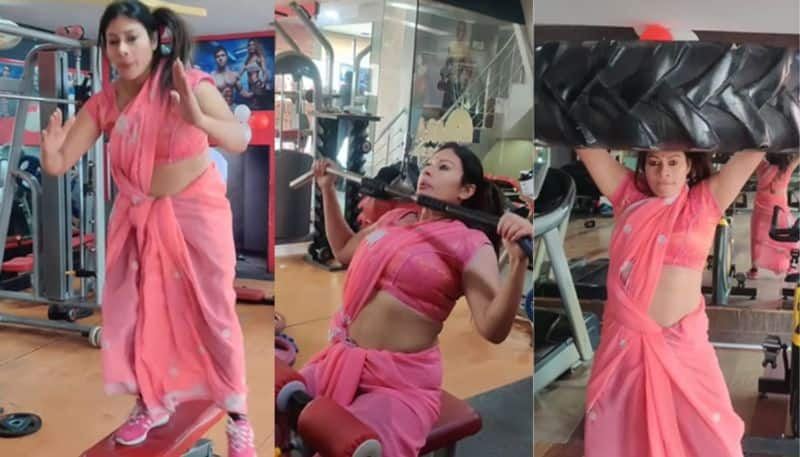 Woman Working Out At Gym In Saree 