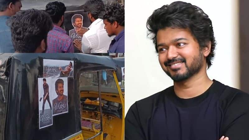 Aravakurichi Vijay fans sticking stickers in auto to promote varisu movie