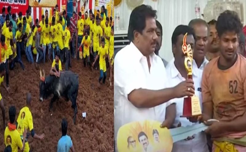 abhi siddhar won the first prize in alankanallur jallikattu by taming 26 bulls