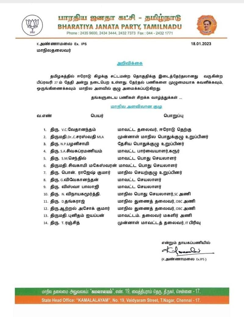 BJP contest in Erode East by-election? announced 14 member committee