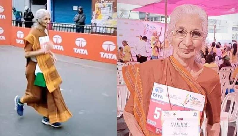 80 year woman in saree participating in Marathon 