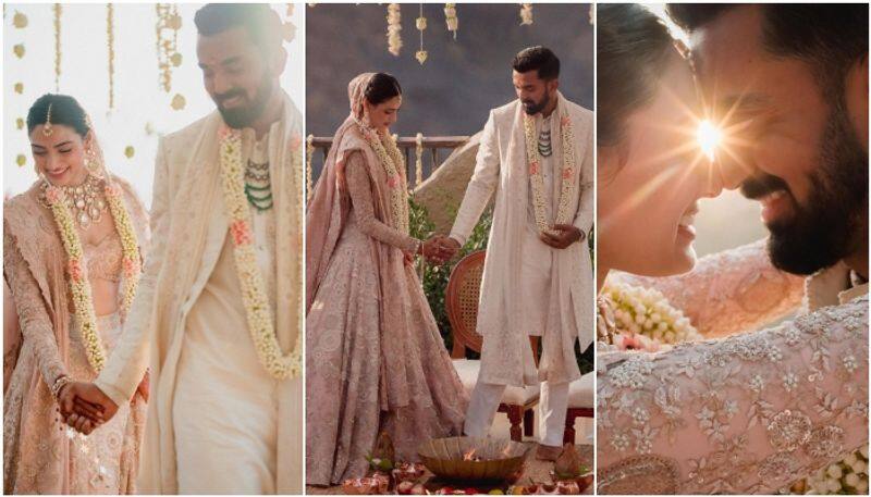 Athiya Shetty and KL Rahul wedding; pink handmade wedding lehenga designed by Anamika Khanna that took 10,000 hours to make sgk