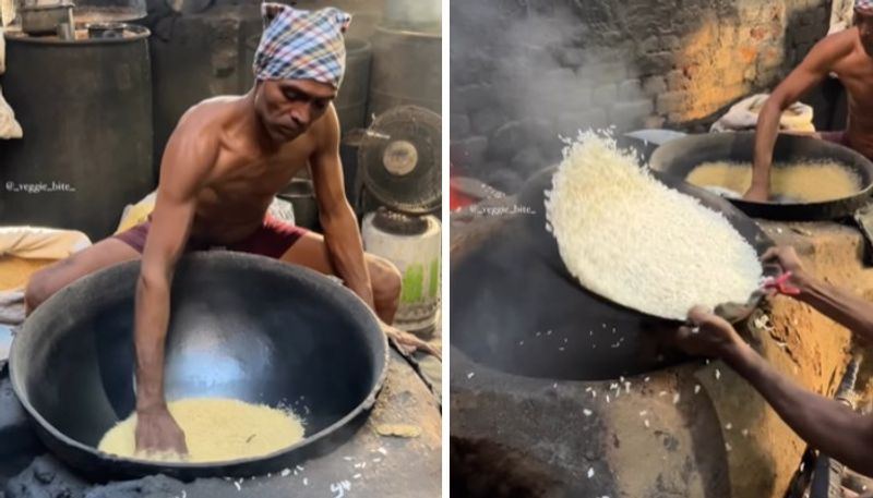 video from a small factory in which people are making puffed rice