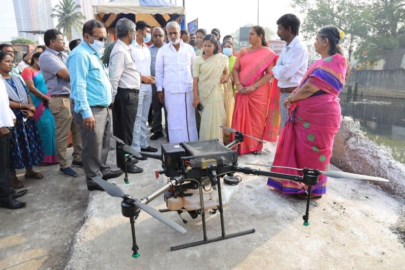 minister sekar babu inaugurated mosquito spray machine use by drones in chennai