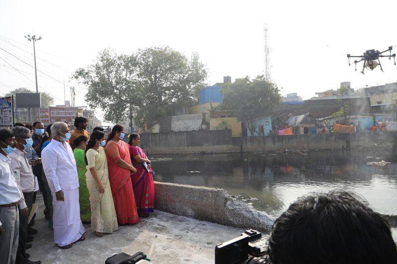 minister sekar babu inaugurated mosquito spray machine use by drones in chennai