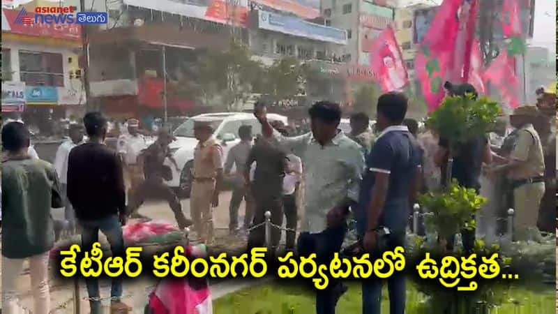 ABVP activists protest in front of KTR convoy in Karimnagar