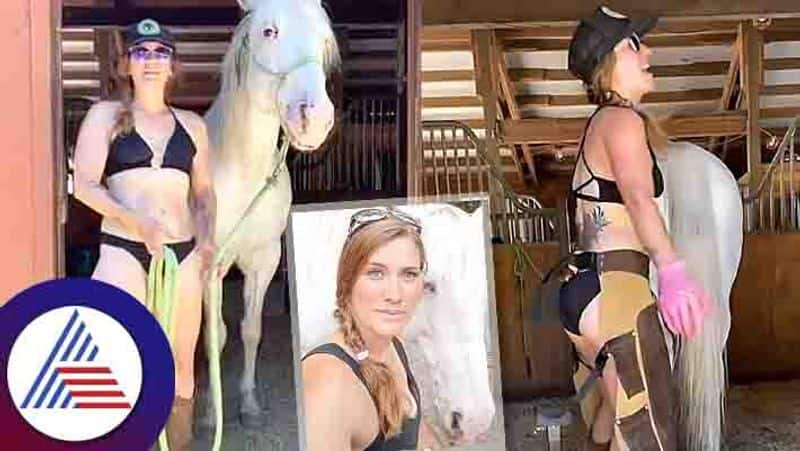 This woman farmer do work in bikini in farm