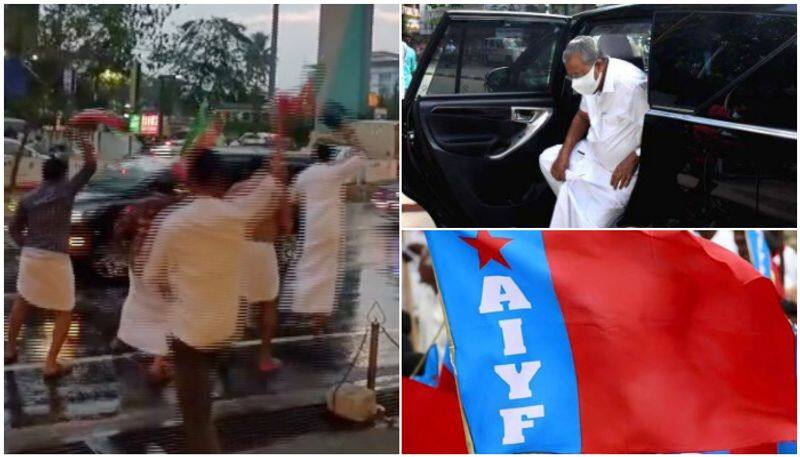 youth congress black flag against cm pinarayi vijayan, aiyf also against kn balagopal kerala budget 2023 asd