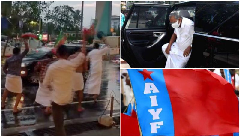 youth congress black flag against cm pinarayi vijayan, aiyf also against kn balagopal kerala budget 2023 asd