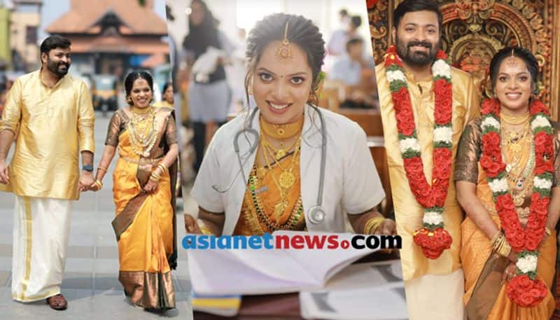 bride attends practical exam wearing lab coat over wedding saree in thiruvananthapuram vkv