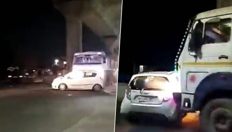 Truck driver drags car in Meerut driver held at Uttar Pradesh video goes viral