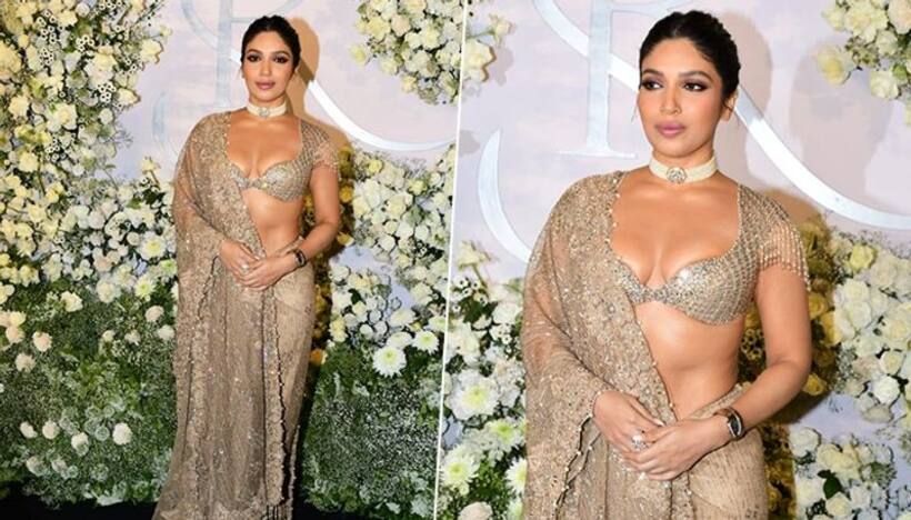 Bhumi Pednekar upped style quotient in her golden saree at Sidharth Kiara's wedding reception bash