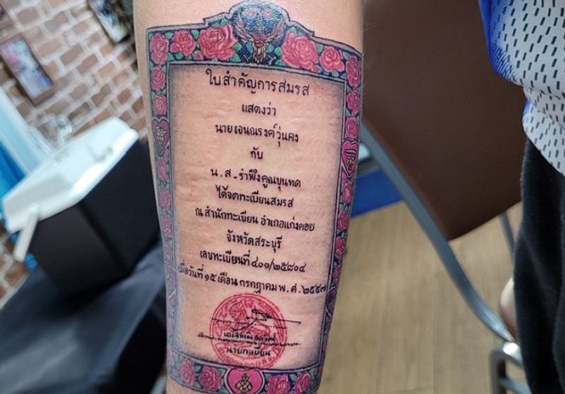 man surprises wife with tattoo of their marriage certificate on arm ash