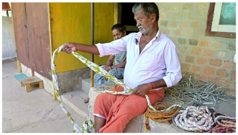 coir created by old saree and plastic sack sts