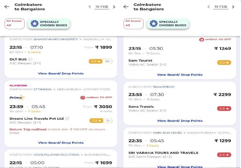 Coimbatore to Bangalore omni bus ticket price hiked