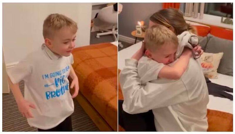 Little boy cries tears of joy as he finds out he's going to be a big brother. Heartwarming video