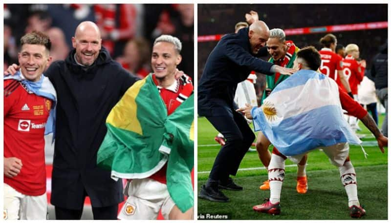 watch video manchester united coach erik ten hag dances with antony and lisandro matinez saa