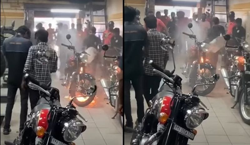 Viral Video All new Royal Enfield catches fire after delivery in showroom service area ckm