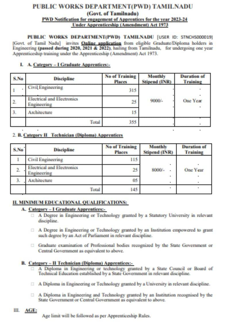 TN PWD Recruitment 2023 Graduate and Diploma Apprentice Jobs apply online at tn.gov.in