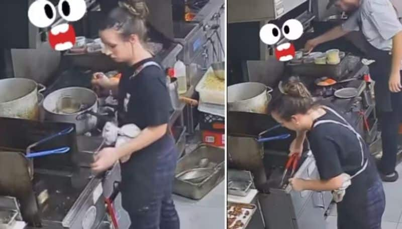 woman who works in restaurant drops her phone into fryer while cooking hyp 