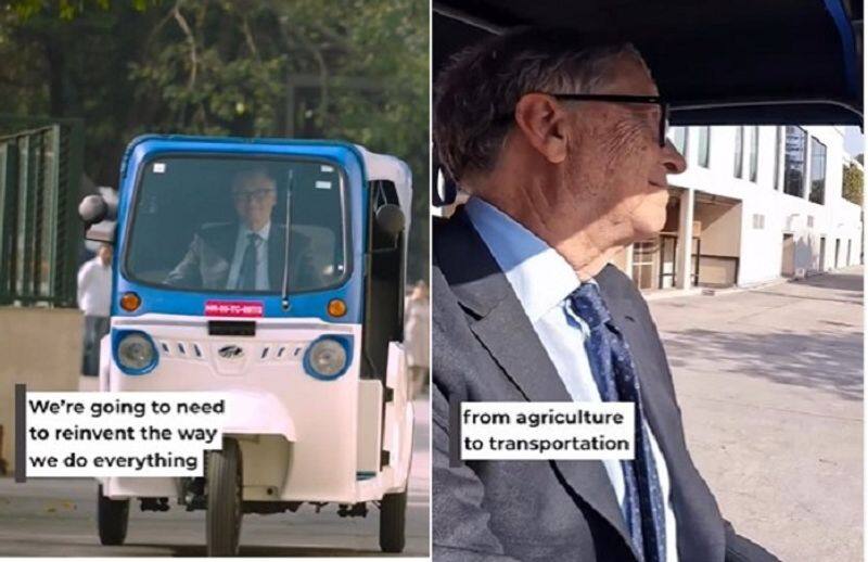 Microsoft co founder Bill gates ride Mahindra electric treo auto in India tour and inspired by decarbonization tech ckm