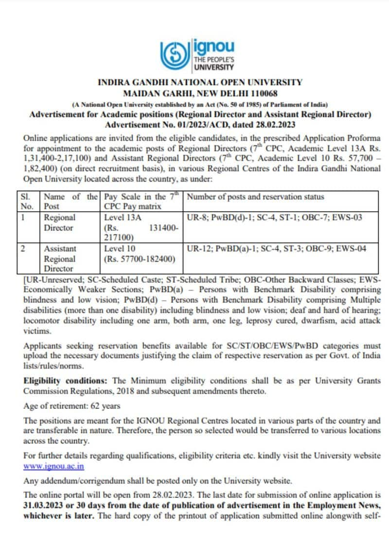 IGNOU Recruitment 2023 apply online ignou.ac.in