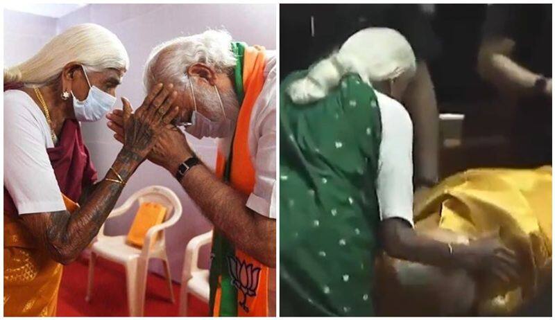 PM narendra Modi touches feet of 107 year old grandmother Pappammal  in the Millets conference san