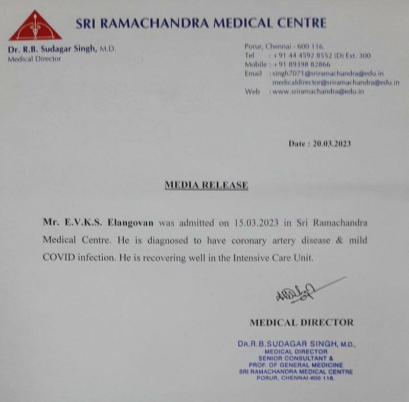 evks elangovan has been hospitalized due to corona virus