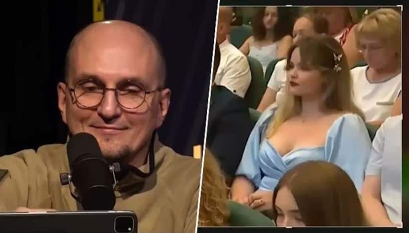 Russian TV host Sergei Karnaukhov caught taking photos of woman's cleavage during broadcast