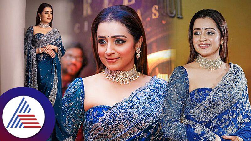 Trisha in blue saree and dazzling choker at Ponniyin Selvan 2 trailer launch event Vin