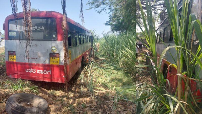 Mandya KSRTC bus entered sugarcane field due to steering cut sat