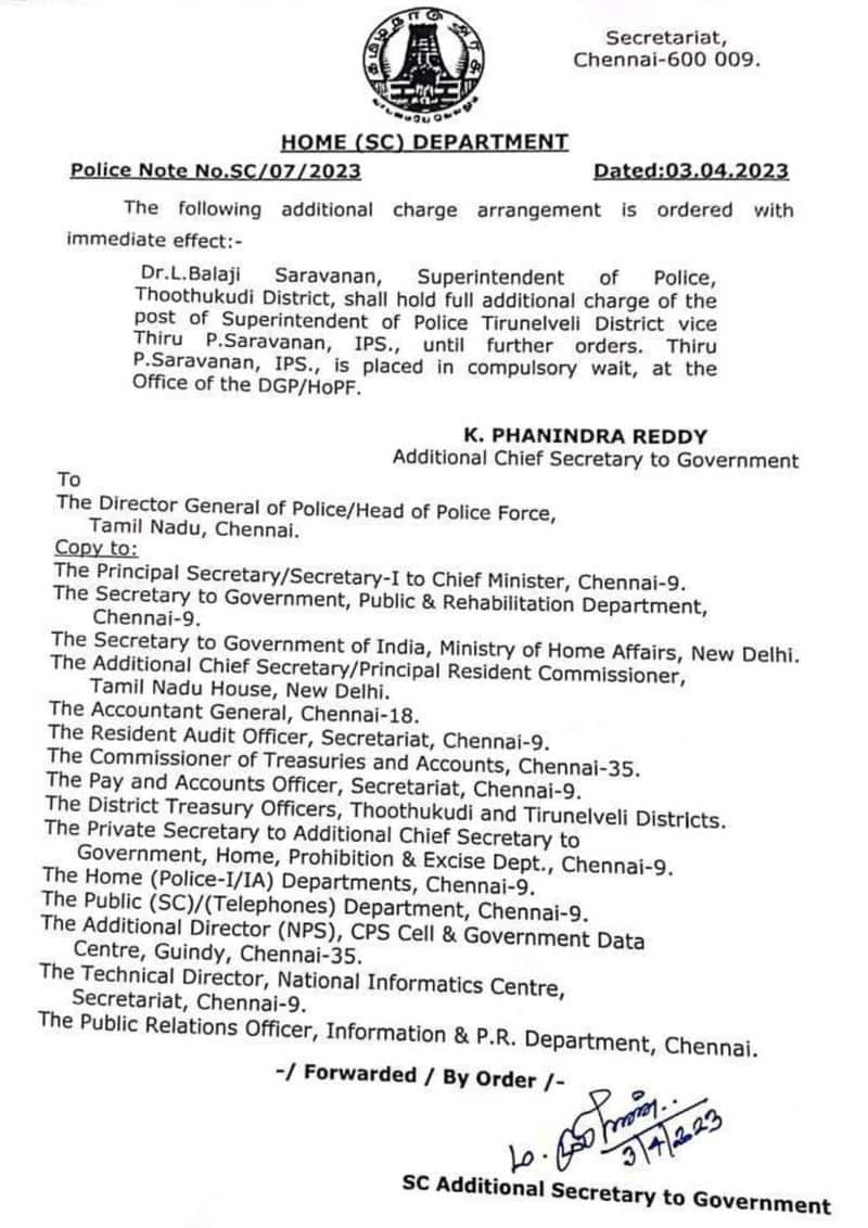 Nellai District S.P. Transfer to Saravanan waiting list