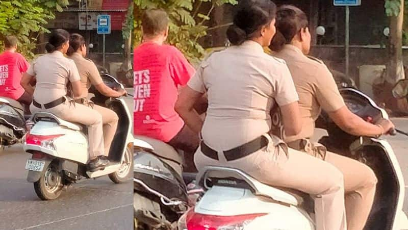 Mumbai people asks police Isnt This Traffic Rule Violation by sharing photos of two woman police riding bike without helmet akb