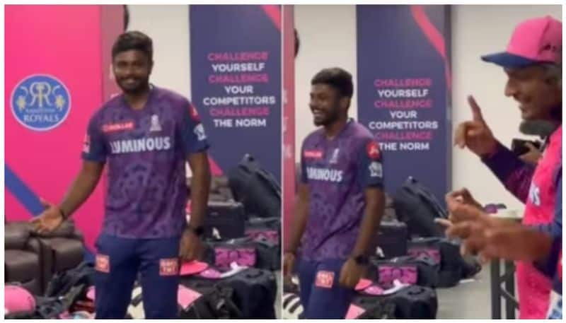 watch hilarious video sanju samson cheeky reminder to kumar sangakkara on catch against delhi saa