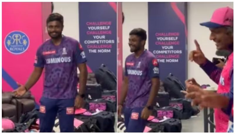 watch hilarious video sanju samson cheeky reminder to kumar sangakkara on catch against delhi saa