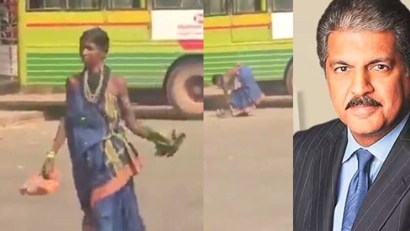 Businessman Anand Mahindr praising woman from halakki tribal community for cleaning bus tand her own akb