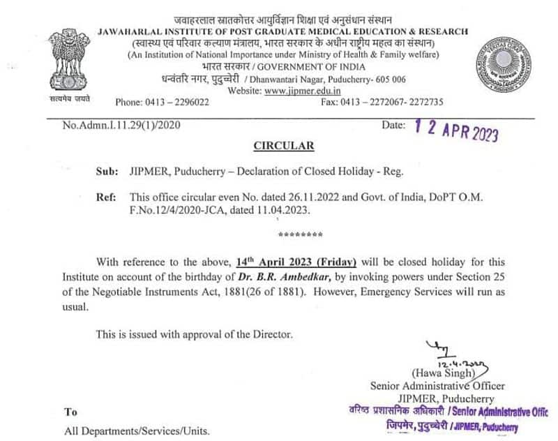 holiday for puducherry jipmer on april 14th on the occasion of ambedkars birthday