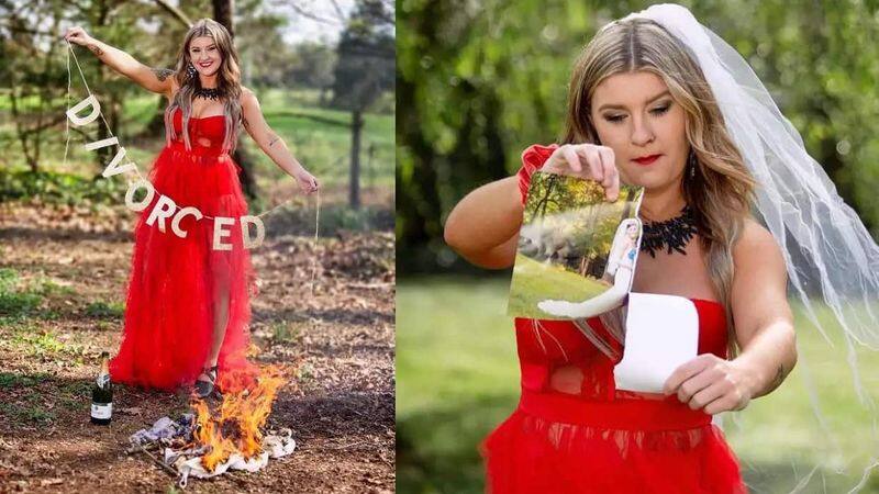 Divorce Photoshoot : by burning wedding dress photoshoot Woman celebrates her divorce - bsb