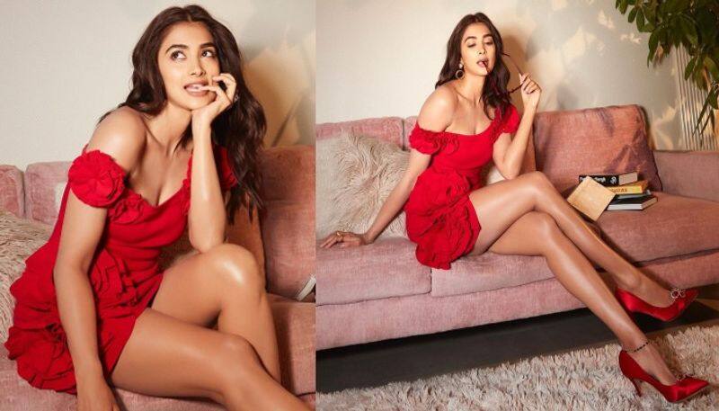 Pooja Hegde provoking with her poses in red outfit NSK