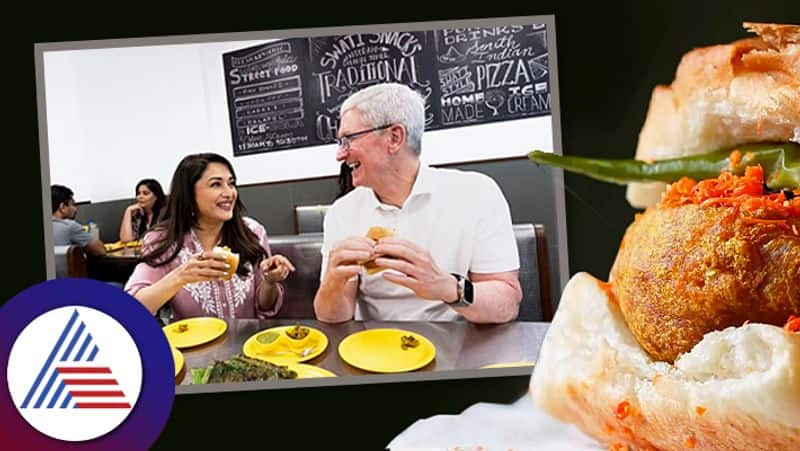 Apple Ceo Tim Cook Eating Vada Pav With Madhuri Dixit