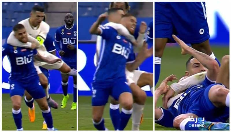 watch video cristiano ronaldo fouls al hilal player and referee gives yellow saa