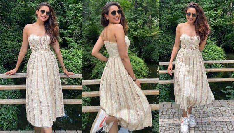 Actress Pragya Jaiswal Stunning poses in frock NSK 