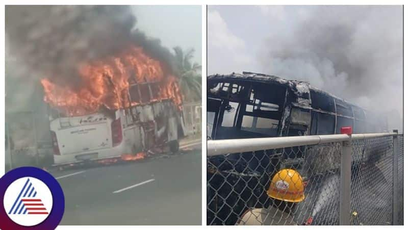 Miraculous escape for passengers as private bus catches fire in Srirangapatna gow