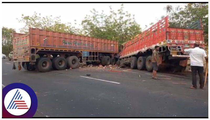 Kalaburagi huge trucks face to face collision lorries front parts are smashed sat